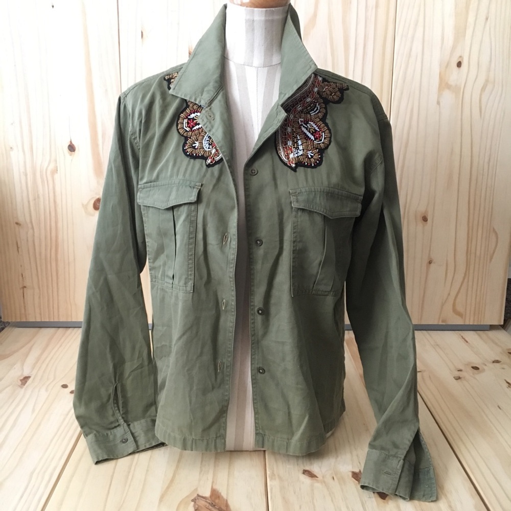Zara Army Green Embellished Button-Up